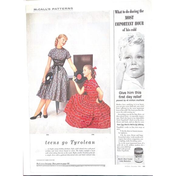 Vtg McCalls Teen Dress Patterns Print Ad 1956 Red Blue Tyrolean Records Music - Picture 1 of 1